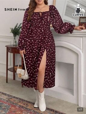 Women’s Maroon Floral Midi Dress - SHEIN